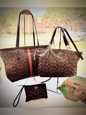 Coach Signature Grey Red Stripe Tote, Satchel and Wristlet Set